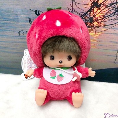 201198 Monchhichi Baby Bebichhichi Bean Bag Sitting Plush Strawberry ~ RARE
