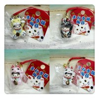 499000+20+30+40 Monchhichi 4cm Lucky Cat Mascot 陶瓷 招財貓 鈴鈴 吊飾 4pcs Set 