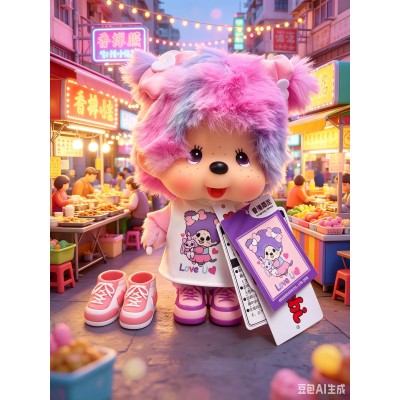 739974 HONG KONG Exclusive Limited - Big Head Monchhichi Dye Tie Purple Hair Girl LOVE YOU  ~ NEW ~