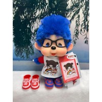 739981 HONG KONG Exclusive Limited - Big Head Monchhichi with Glasses Blue Hair Boy HAPPY DAY ~ NEW ~