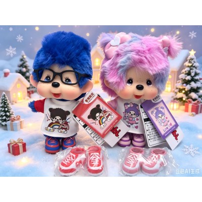 739981 HONG KONG Exclusive Limited - Big Head Monchhichi with Glasses Blue Hair Boy HAPPY DAY ~ NEW ~
