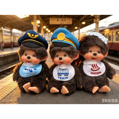 745036+43+50 Japan Limited Monchhichi SS Size Keychain Mascot - Pilot + Train + Onsen (3pcs Set)