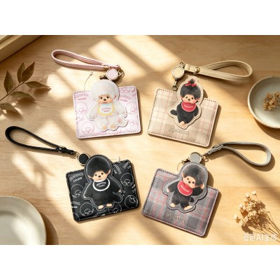 M010-10A Monchhichi Passcase Card Case with Strap Checker Brown